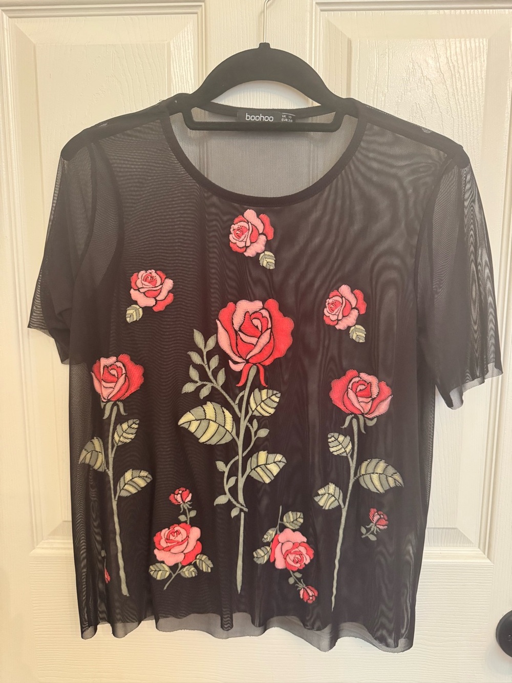 boohoo Black Sheer Mesh Top with Red Rose Embroidery SZ 6